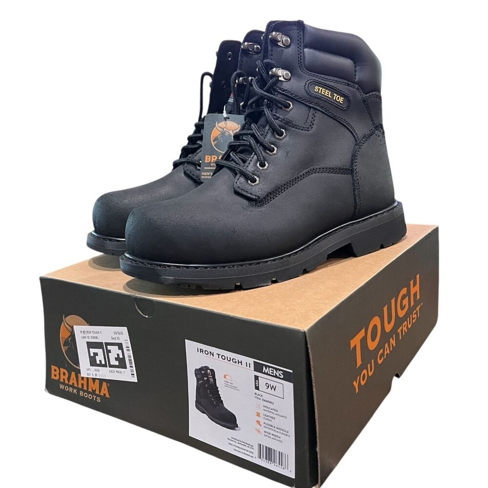 Brahma Men's Iron Tough II Steel Toe Work Boot  US 9W  NIB  Black Leather